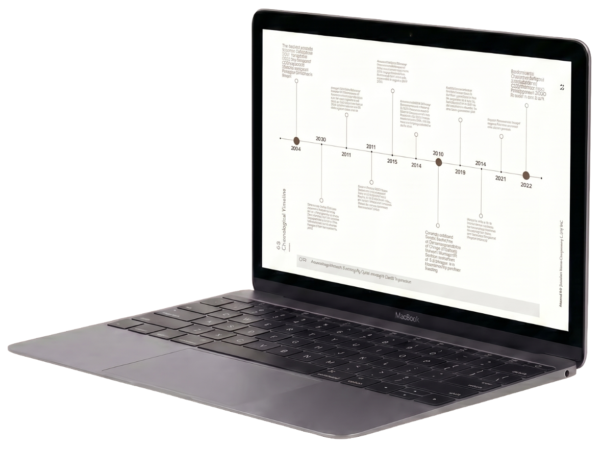 A CLEUD chronological timeline shown on a MacBook screen