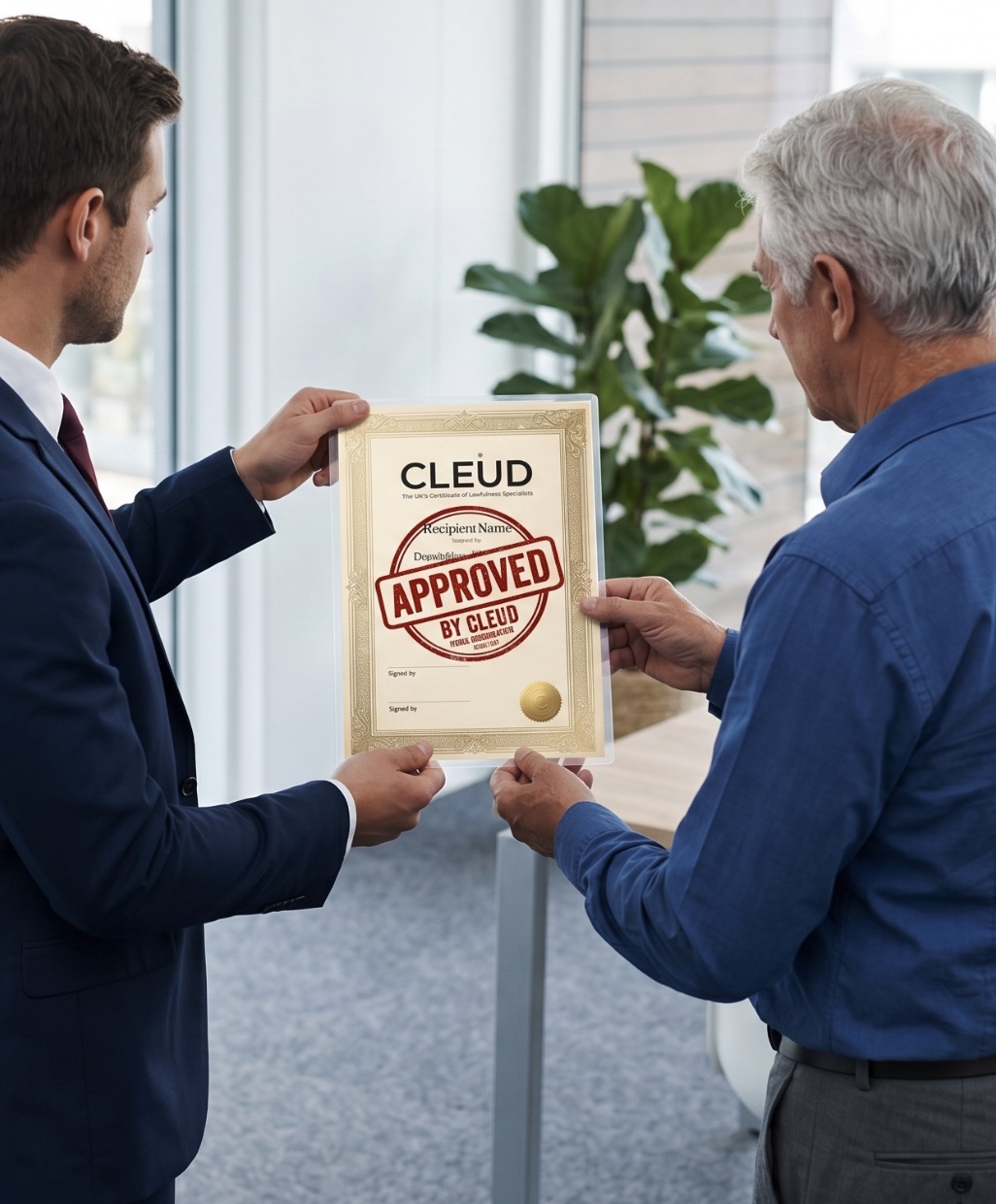 A CLEUD specialist handing a client their Certificate of Lawfulness